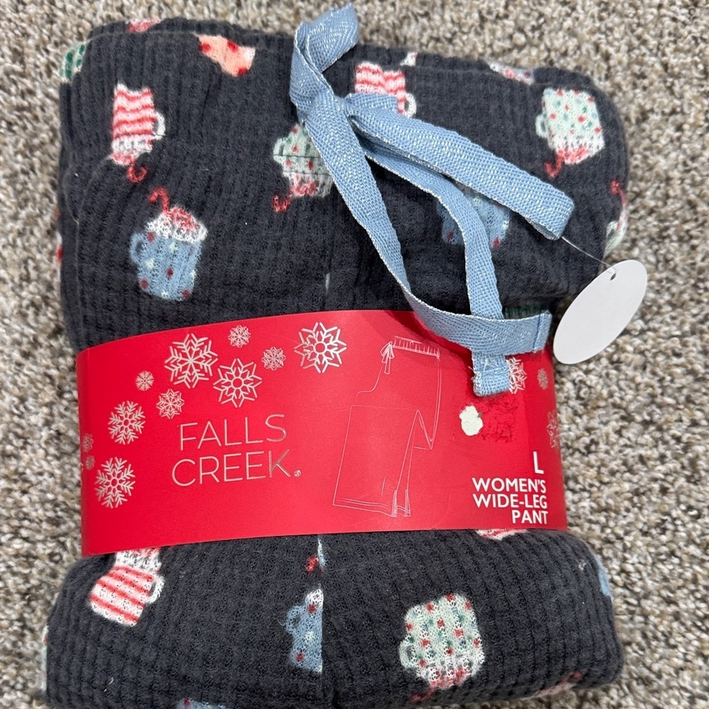 Falls Creek Black Waffle-Knit Wide-Leg Pajama Pants with Mug Print
